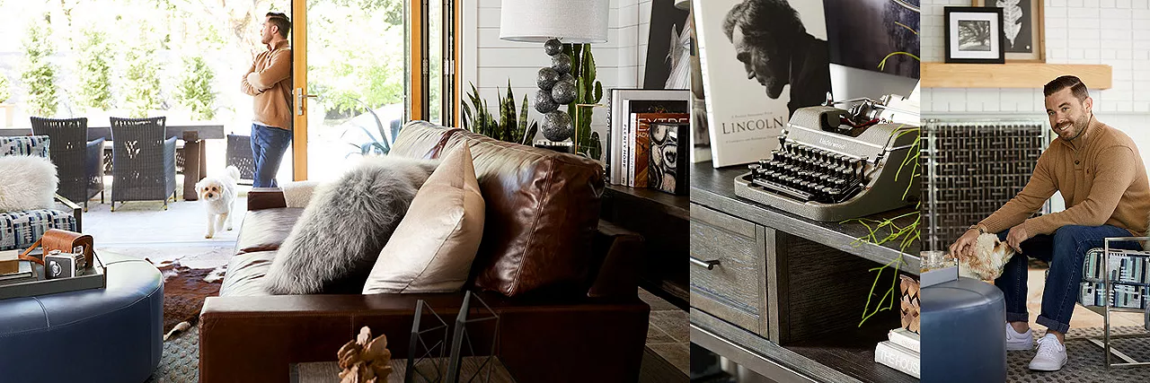 Split image featuring a man and dog in a living room